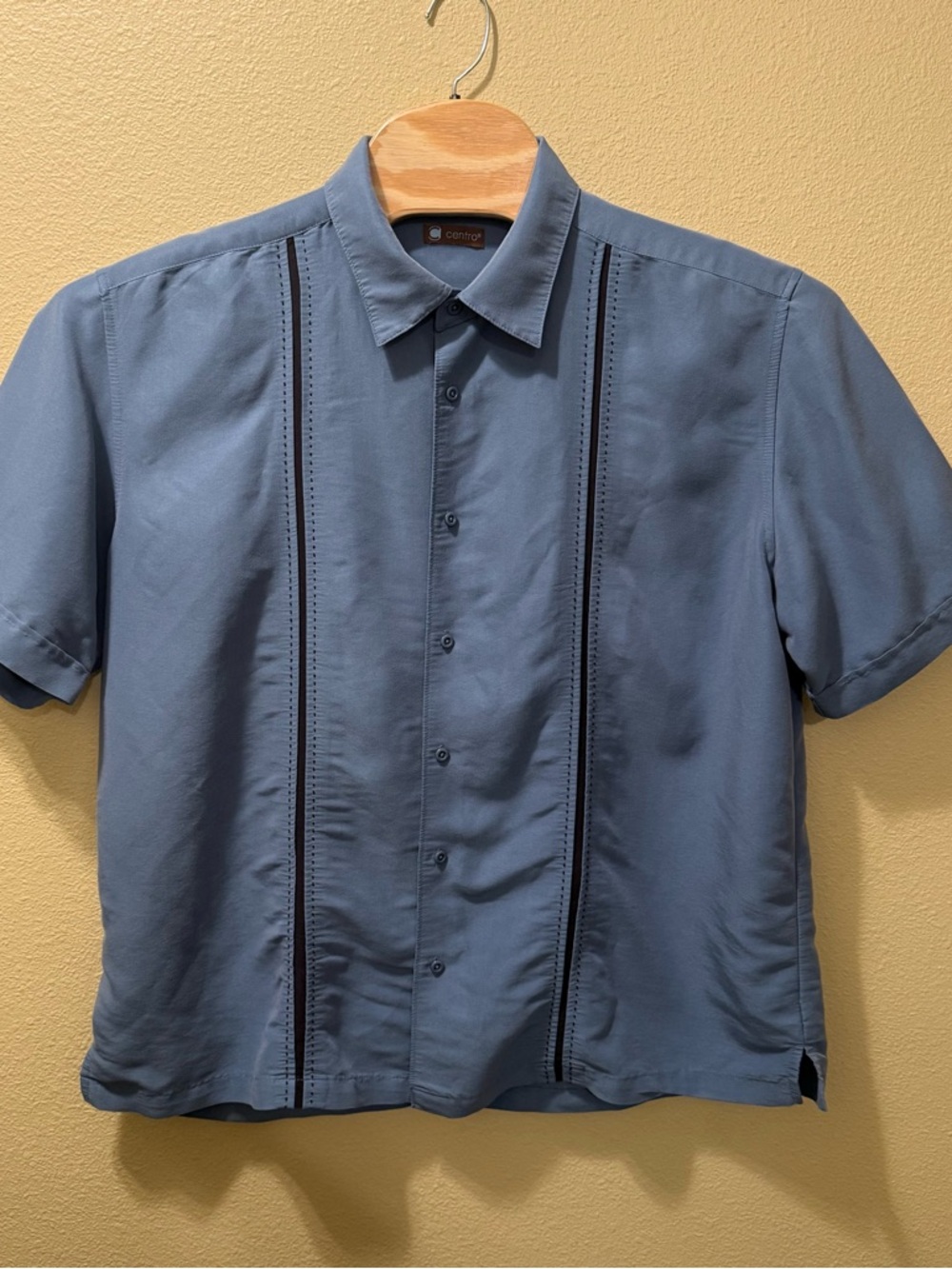 Men’s XXL Centro Blue Black Panel Stitch Short Sleeve Button Up Shirt